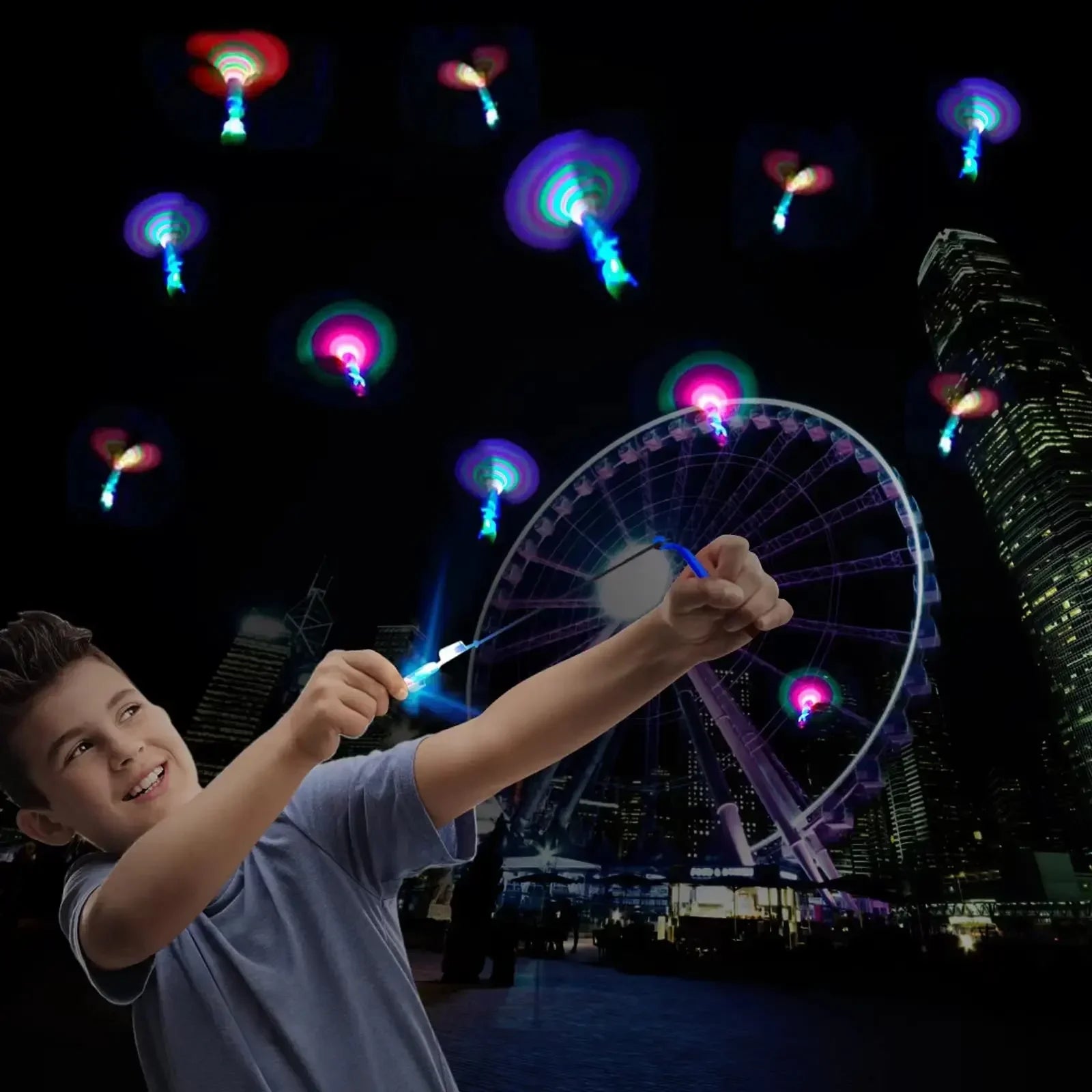 Child playing with glowing butterfly toys against a night sky with a Ferris wheel in the background