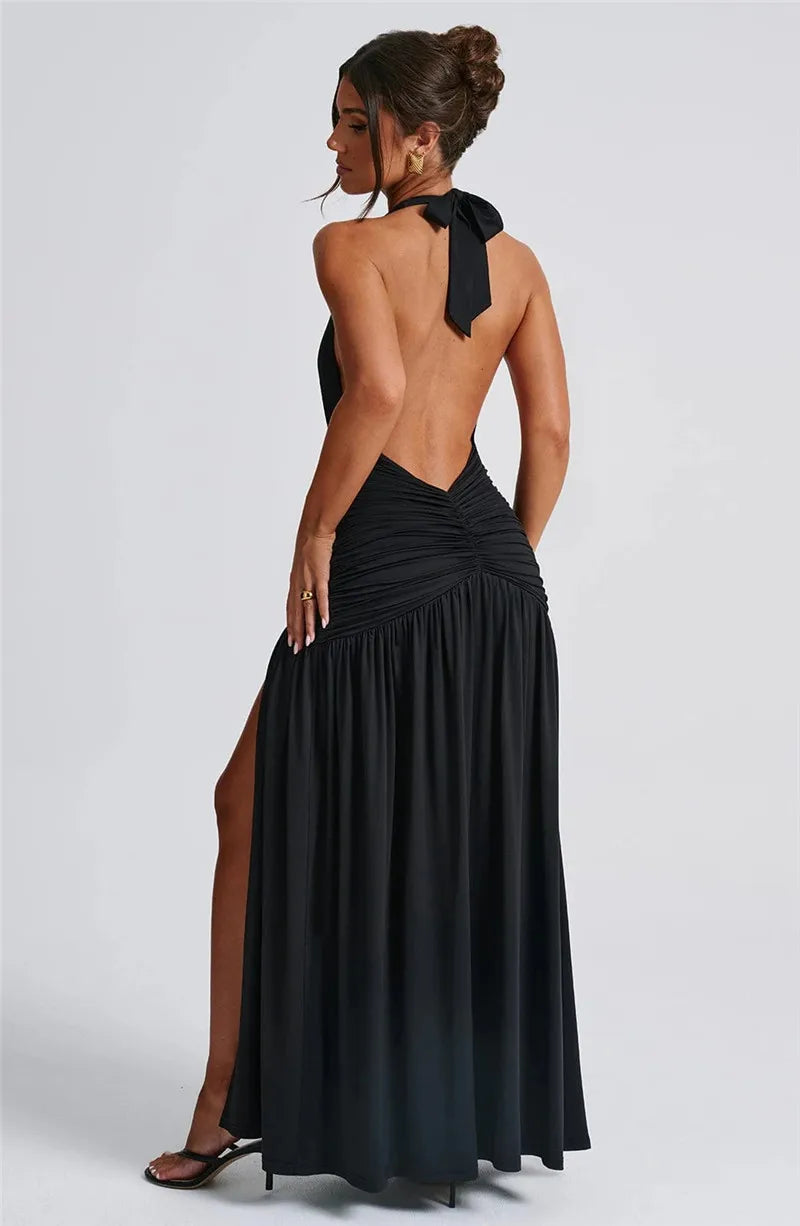 Elegant Halter Maxi Dress with High Slit in Deep Burgundy Black & White Colors