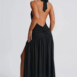 Elegant Halter Maxi Dress with High Slit in Deep Burgundy Black & White Colors