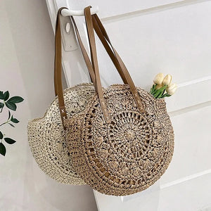 Handcrafted Round Straw Woven Beach Tote Bag Vacation Beach Hollow Out Shoulder Bag