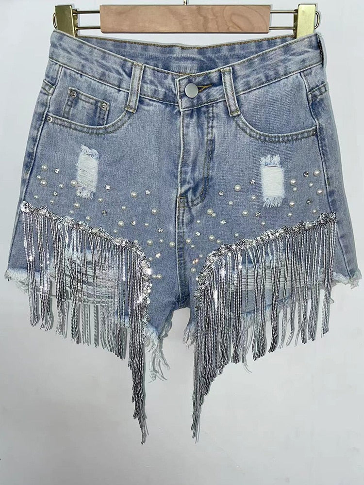 Elegant Wide Leg Denim Shorts Tassel Beading High Waist Casual Women's Shorts