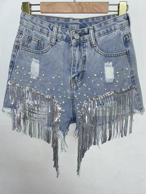 High Waist Wide Leg Denim Shorts Women Tassel Beading Elegant Casual Summer Fashion