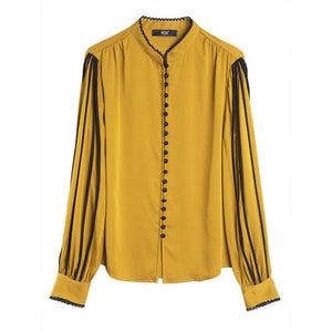 Women's Yellow and Black Satin Shirt Spring Autumn Fashion Long Sleeve Button Blouse