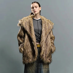 Oversized Luxe Faux Fur Coat with Dramatic High Collar and Satin Lining for Ultimate Winter Warmth and Style Imitation Raccoon Fur