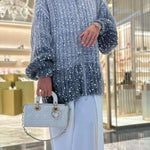 Women's Sequin Cardigan Sweater Sparkly Knitted Long Sleeve Loose Cardigan with Zipper Stand Collar