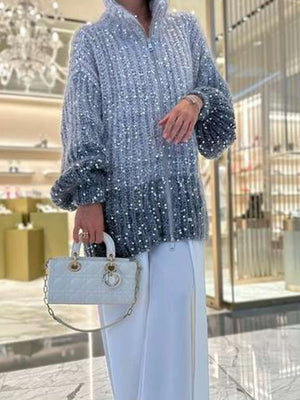 Women's Sequin Cardigan Sweater Sparkly Knitted Long Sleeve Loose Cardigan with Zipper Stand Collar