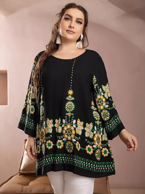 Blouse Women Plus Size O-Neck Long Sleeve Floral Print Casual Loose Oversized Top Shirt Fashion