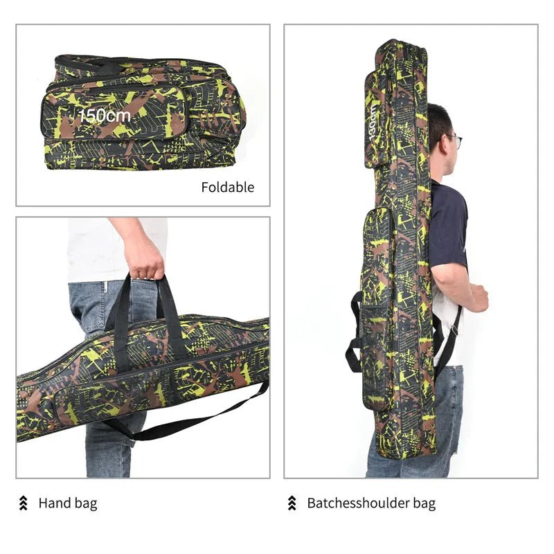 Foldable and batchessshoulder bag with camouflage pattern, held by a person.