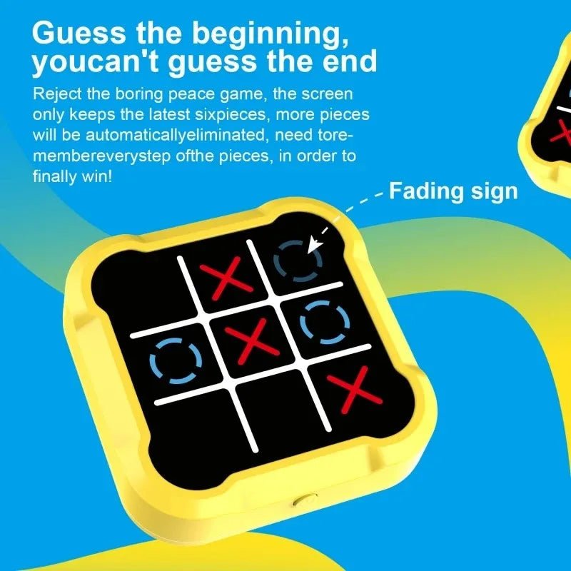 Tic-tac-toe game device with text on a blue background