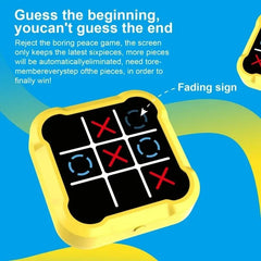Tic-tac-toe game device with text on a blue background