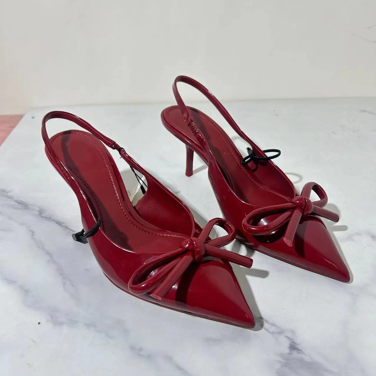 Red Patent Leather Pointed-Toe Slingback Heels with Bow – Chic & Elegant