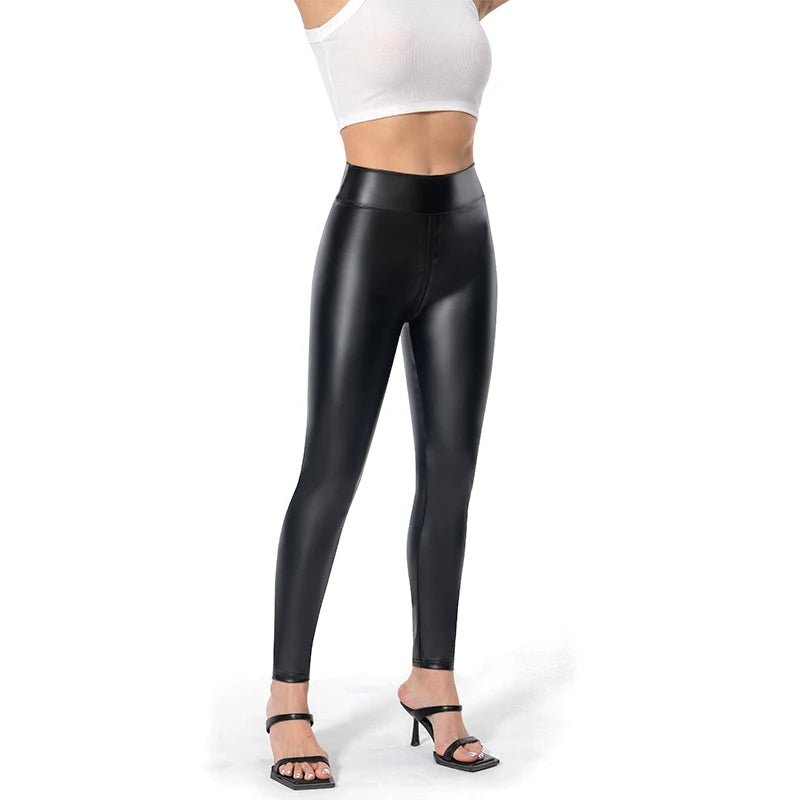 Sexy Black Matte Leather Open Crotch Pants for Women Exotic Bodycon Slim Trousers Faux Leather Leggings