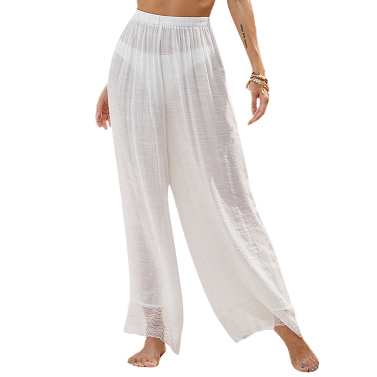 Women's See-Through Wide Leg High Waist Pants Beach Loose Mesh Sheer Pants