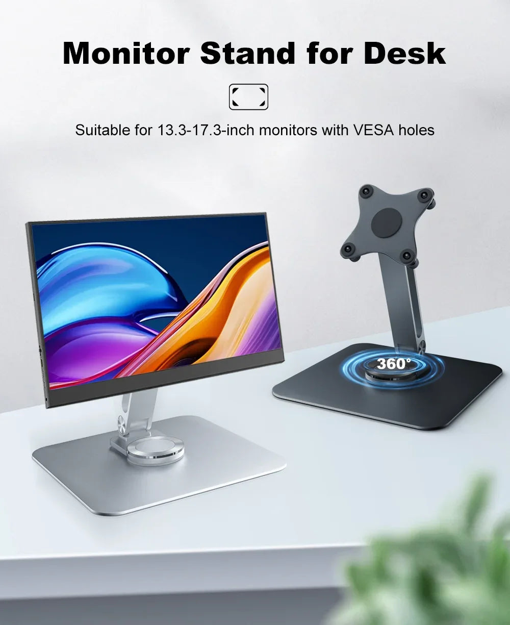 Monitor stand for desk with a monitor on a white surface