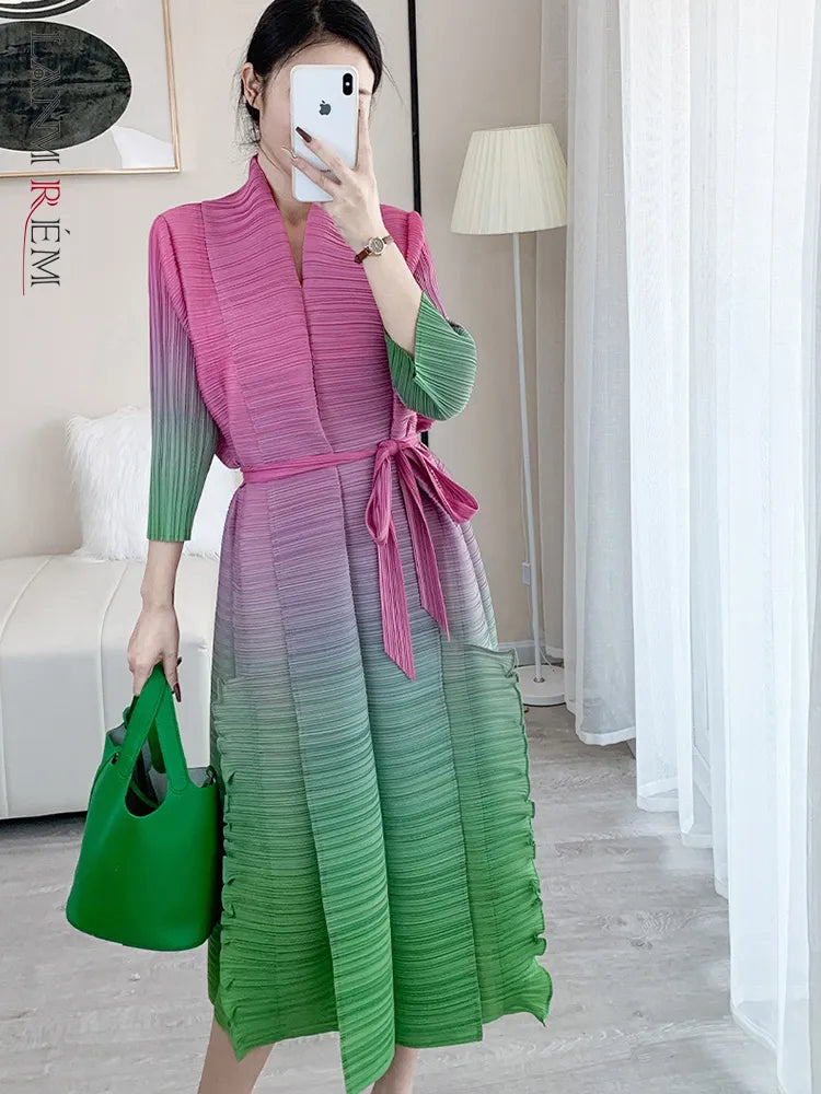 Gradient Color Pleated Dress For Women Open Stitch Belt Midi Elegant Party Cocktail Dresses