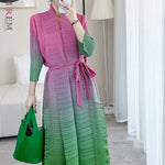 Gradient Color Pleated Dress For Women Open Stitch Belt Midi Elegant Party Cocktail Dresses