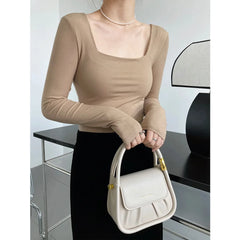 Women's Long-Sleeve Stretchy T-Shirt Square-Neck Slim-Fit Exposed Collarbone Low-Neck Shirt