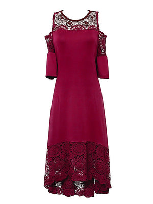 Plus Size Women's Summer Cold Shoulder Dress Short Sleeve Lace Patchwork Elegant Cocktail Dress Asymmetrical Hem