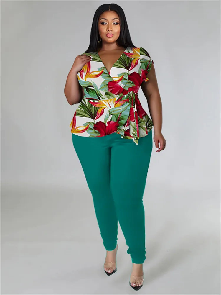 Women's Plus Size 2-Piece Pant Sets Spring/Summer Printed Top Solid Matching Leggings Pant Suits