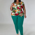 Women's Plus Size 2-Piece Pant Sets Spring/Summer Printed Top Solid Matching Leggings Pant Suits