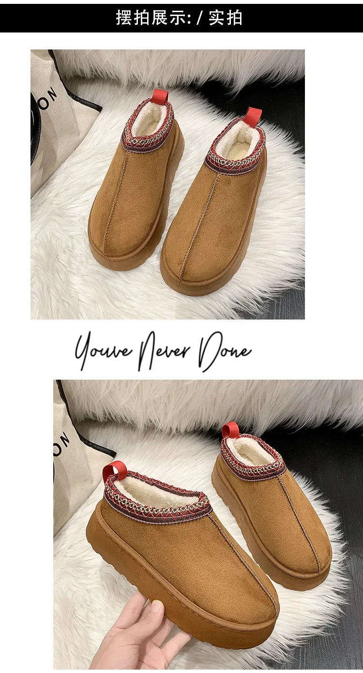 Warm Plush Interior Winter Shoes for Women Winter New Cashmere Warm Thick Sole Low Boot Half Slipper Shoe w/ Fur Lining