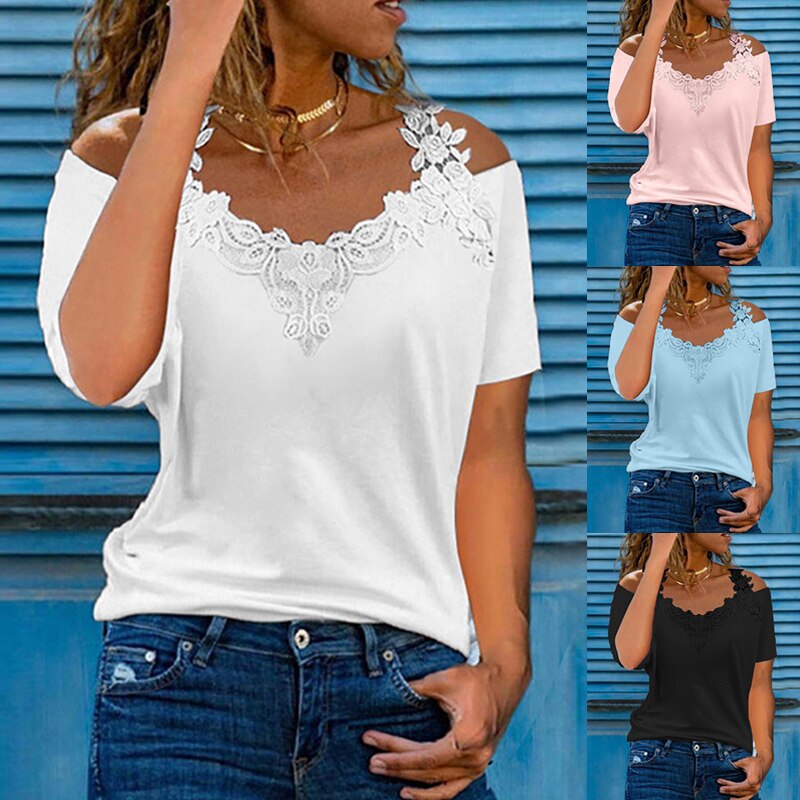 Women's V-Neck Summer Short Sleeve Lace Cutout Shirt Casual Loose T-Shirt in Variety of Colors