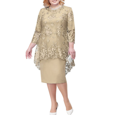 Plus Size Floral Embroidered Midi Dress Women Sky Blue 3/4 Sleeve Wedding Guest Knee Length