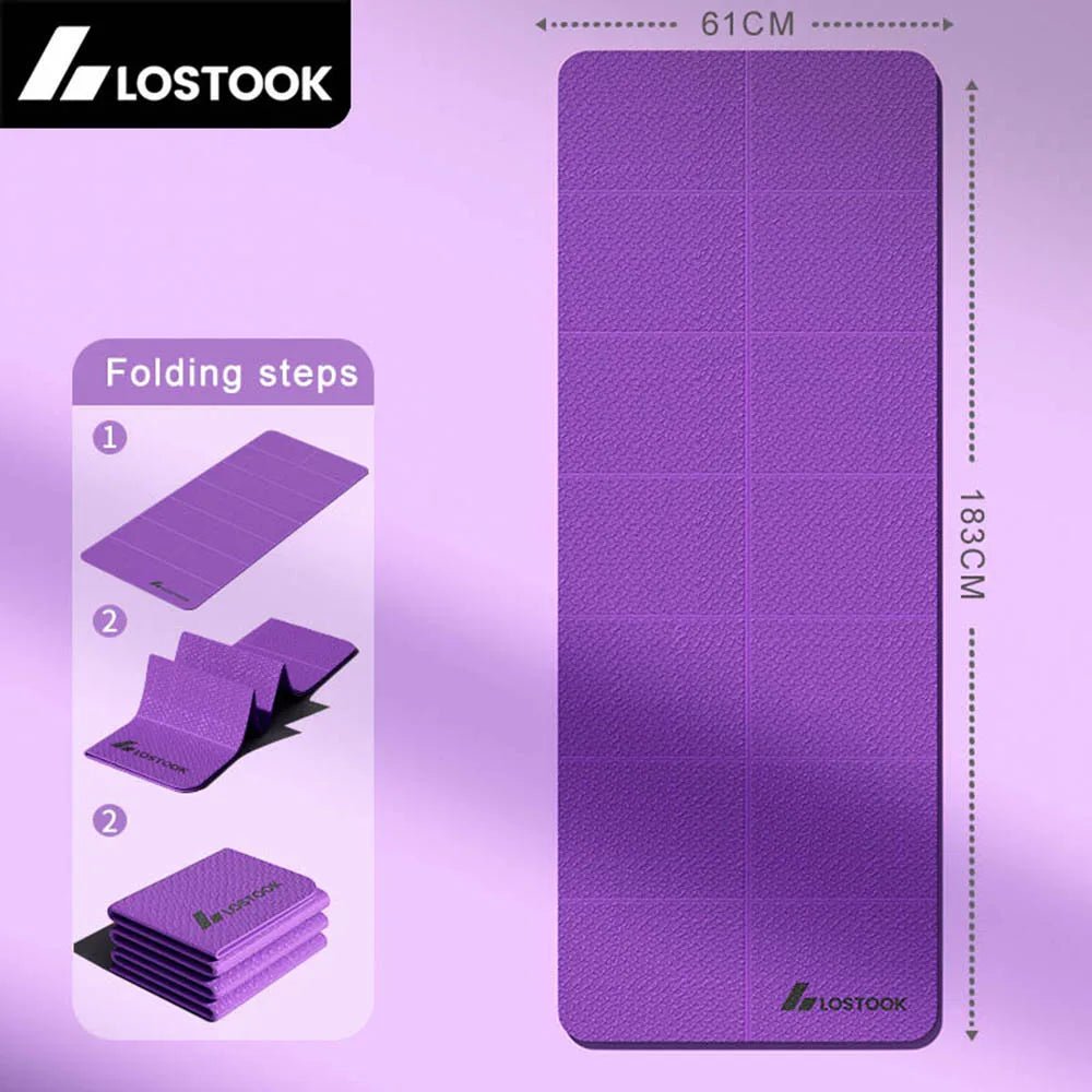 Purple yoga mat with folding instructions and dimensions on a purple background, featuring the Lostook brand.