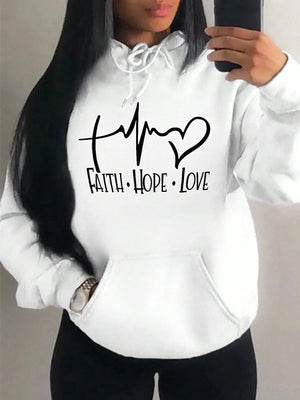 Women's "Faith Hope Love" Graphic Hoodie Casual Loose Streetwear Sweatshirt Autumn Fleece Hooded Hip Hop O-Neck Clothing Tops