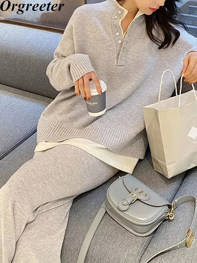 Warm Casual Knitted Pant Set Women's Long Sleeve Pullover & Elastic Waist Wide Leg Pants Sweater Set