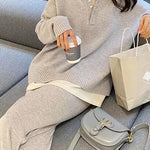 Warm Casual Knitted Pant Set Women's Long Sleeve Pullover & Elastic Waist Wide Leg Pants Sweater Set