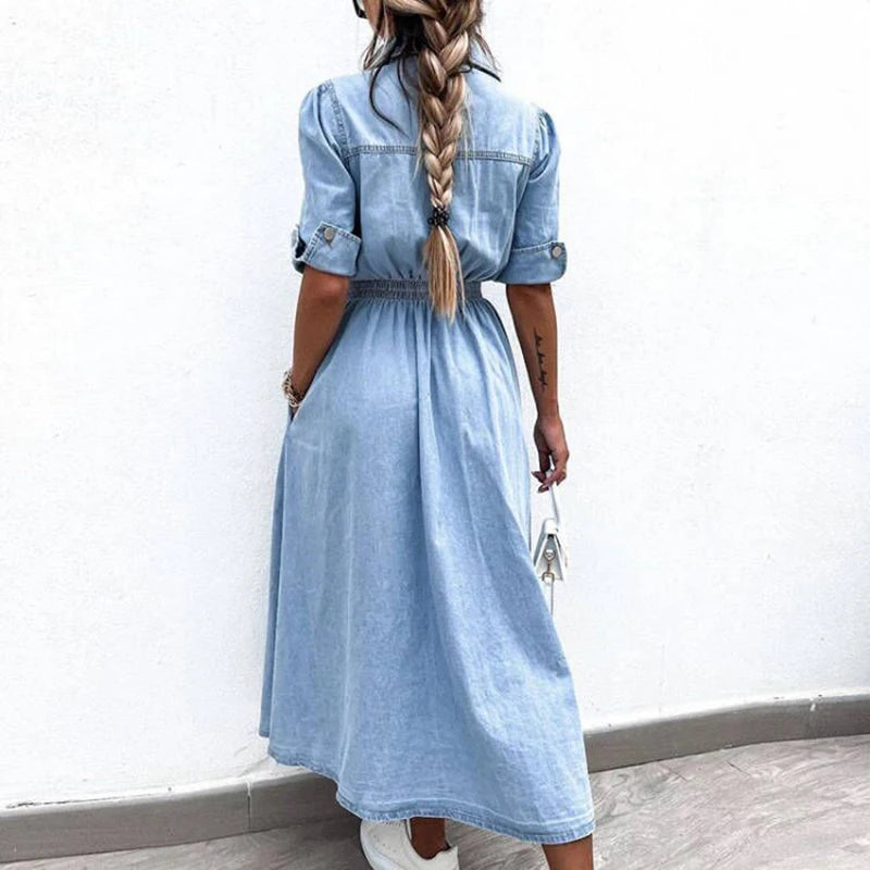 New Fashion Elastic Waist Lapel Jean Dress Casual Midi Dress w/ Pockets Elegant Single Breasted Solid Denim Dress