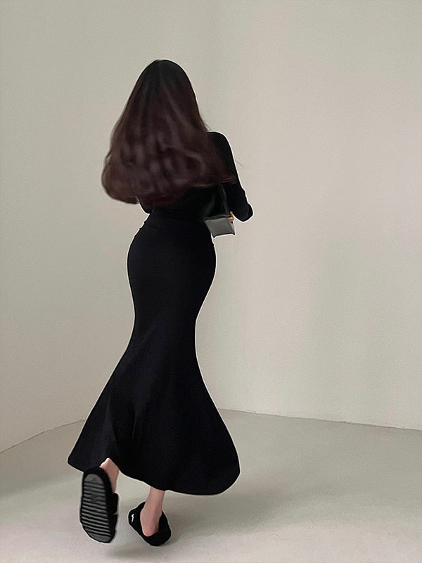 Long Sleeve Tight Slim Zipper Fishtail Long Dress Rib Knitted Dresses