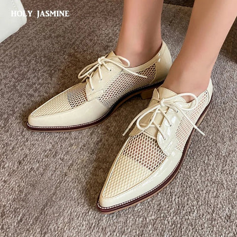 Oxford Shoes Women Mesh Net Lace-Up Genuine Leather Flat Derby Pointed Toe Low Heel Casual Shoes