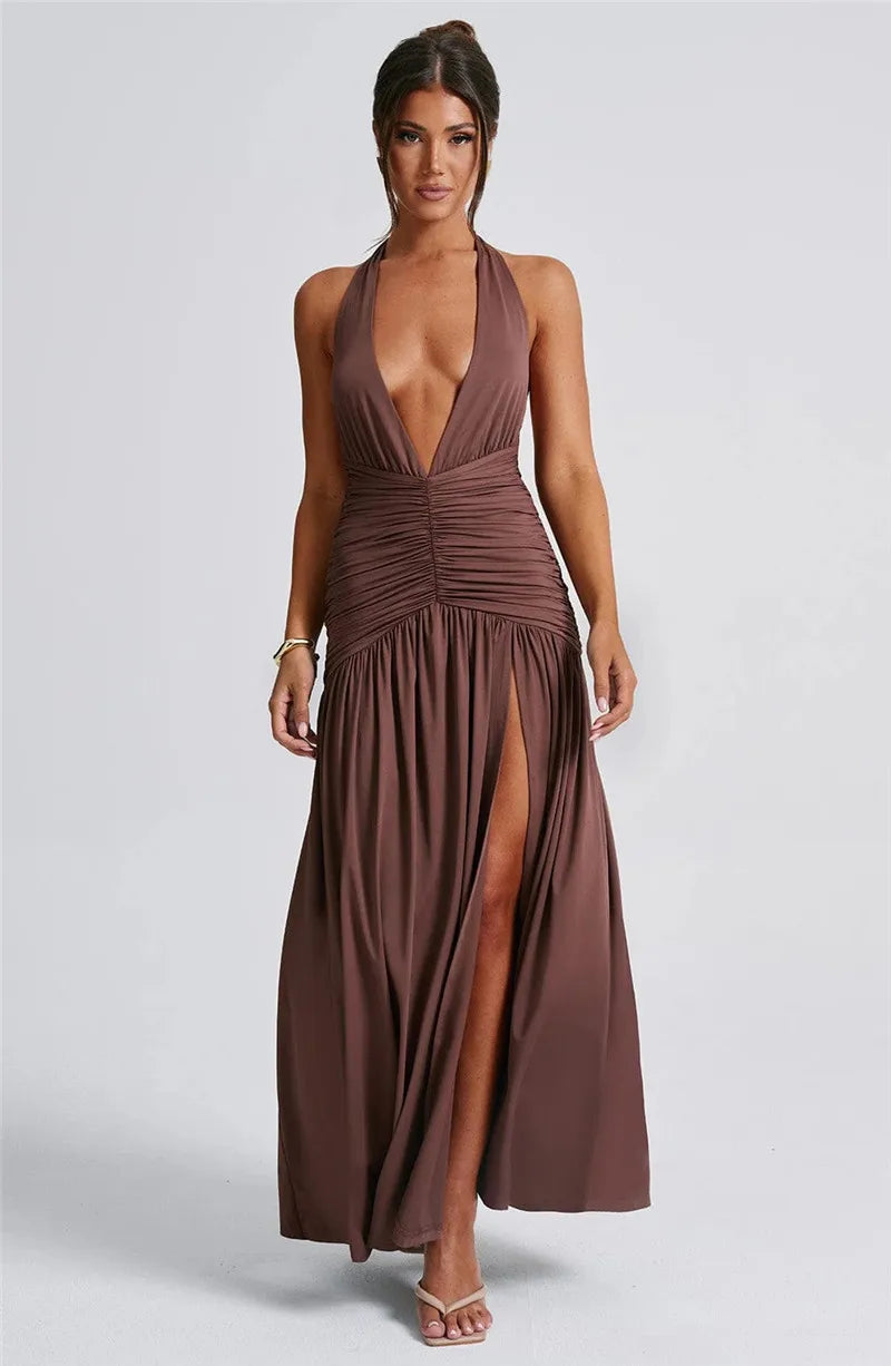 Elegant Halter Maxi Dress with High Slit in Deep Burgundy Black & White Colors