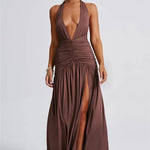 Elegant Halter Maxi Dress with High Slit in Deep Burgundy Black & White Colors