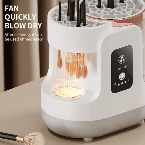 White hair dryer with transparent front panel displaying glowing elements, placed on a surface with text indicating quick drying and immediate use after cleaning.