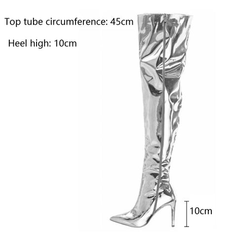 Knee High Boots Women Shiny Mirror Pointy Toe High Thin Heel Zipper Elegant Fashion Shoes