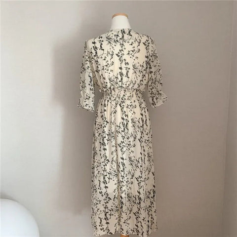 Floral Chiffon Maxi Dress Women Vintage Slim Elastic Waist A-Line V-Neck Elegant Office Spring Summer