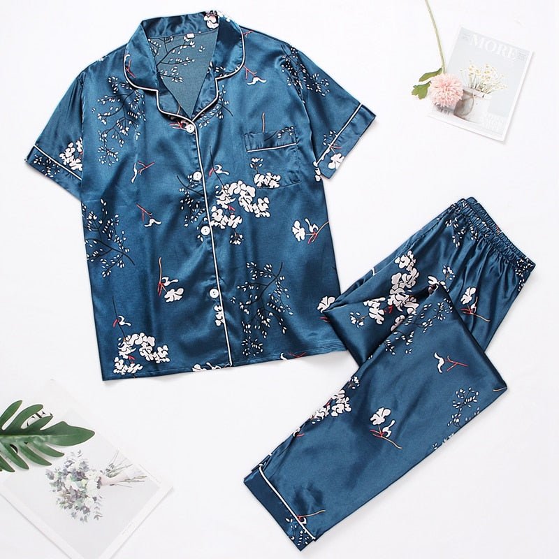 Silk Pajama Set Women 2-Piece Nightwear Tops Pants Casual Loungewear Sleepwear Fashion