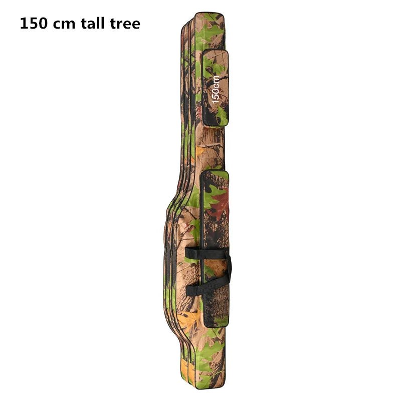 Camouflage bow case with '150 cm tall tree' text on a white background