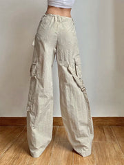 Low Waist Drawstring Pocket Patchwork Pants Women's Light Cargo Trousers with Wide Legs and Baggy Fit
