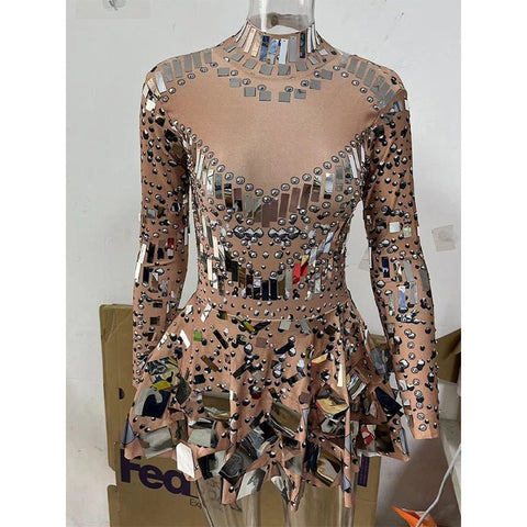 Mirror Patchwork Dress Women Stretch Stage Dance Nightclub Performance Casual Fashion Dress