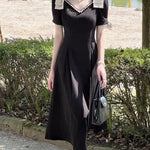 New Fashion Elegant Black Midi Dress Office Party Vintage A-Line V-Neck Pearl Detail Long Dress