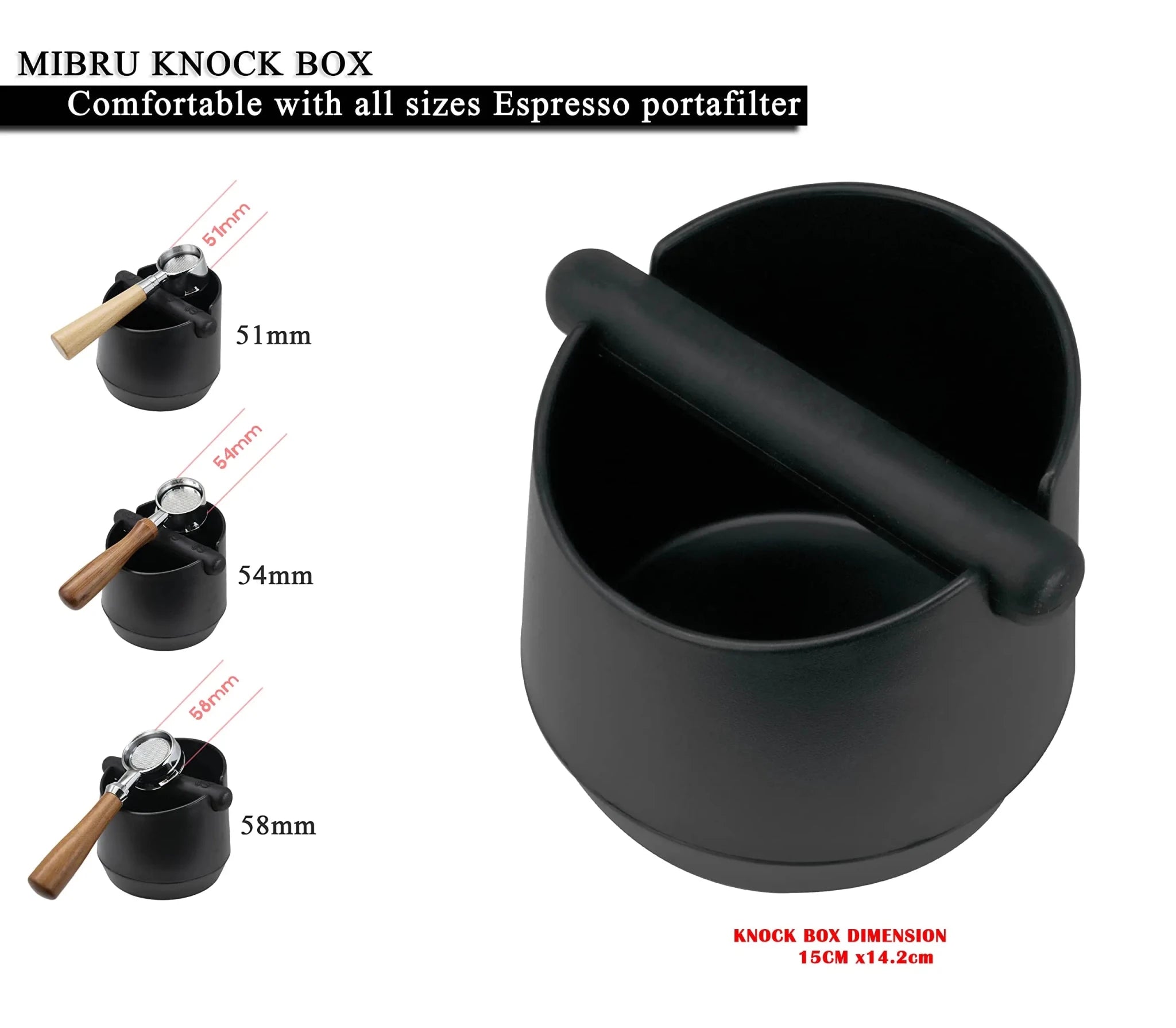 Black espresso knock box with dimensions and compatibility information on a white background
