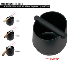 Black espresso knock box with dimensions and compatibility information on a white background