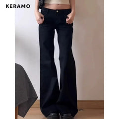 Person wearing black wide-leg pants with a plain background and 'KERAMO' branding.