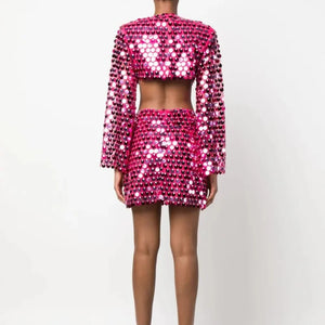 Sequin Embellished Cut-Out Mini Dress with Long Sleeves Round Neck