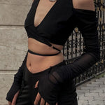 Sexy Black Crop Top Streetwear New Fashion Lace Up Bandage V-Neck Cut Out Long Sleeve Shirts