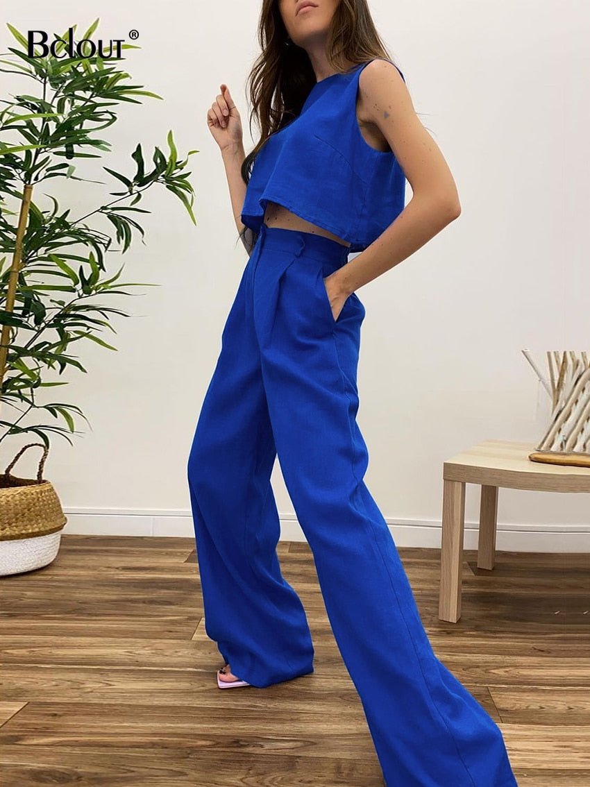 Women's 2 Piece Summer Cotton/Poly Long Pants Set Crop Top & Wide Leg Pant